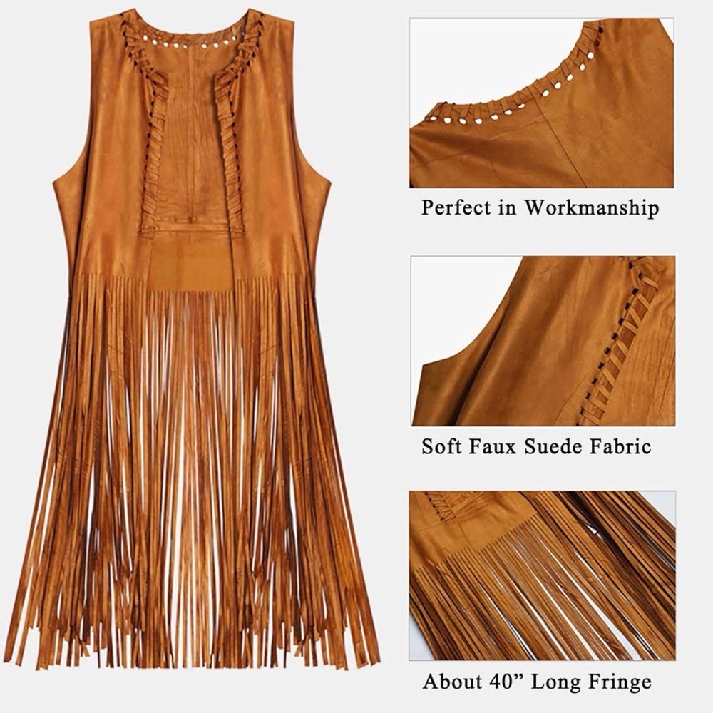 Boho Faux Suede Camel Long Fringe Western Festival Duster ~ Size Large - Picture 12 of 16
